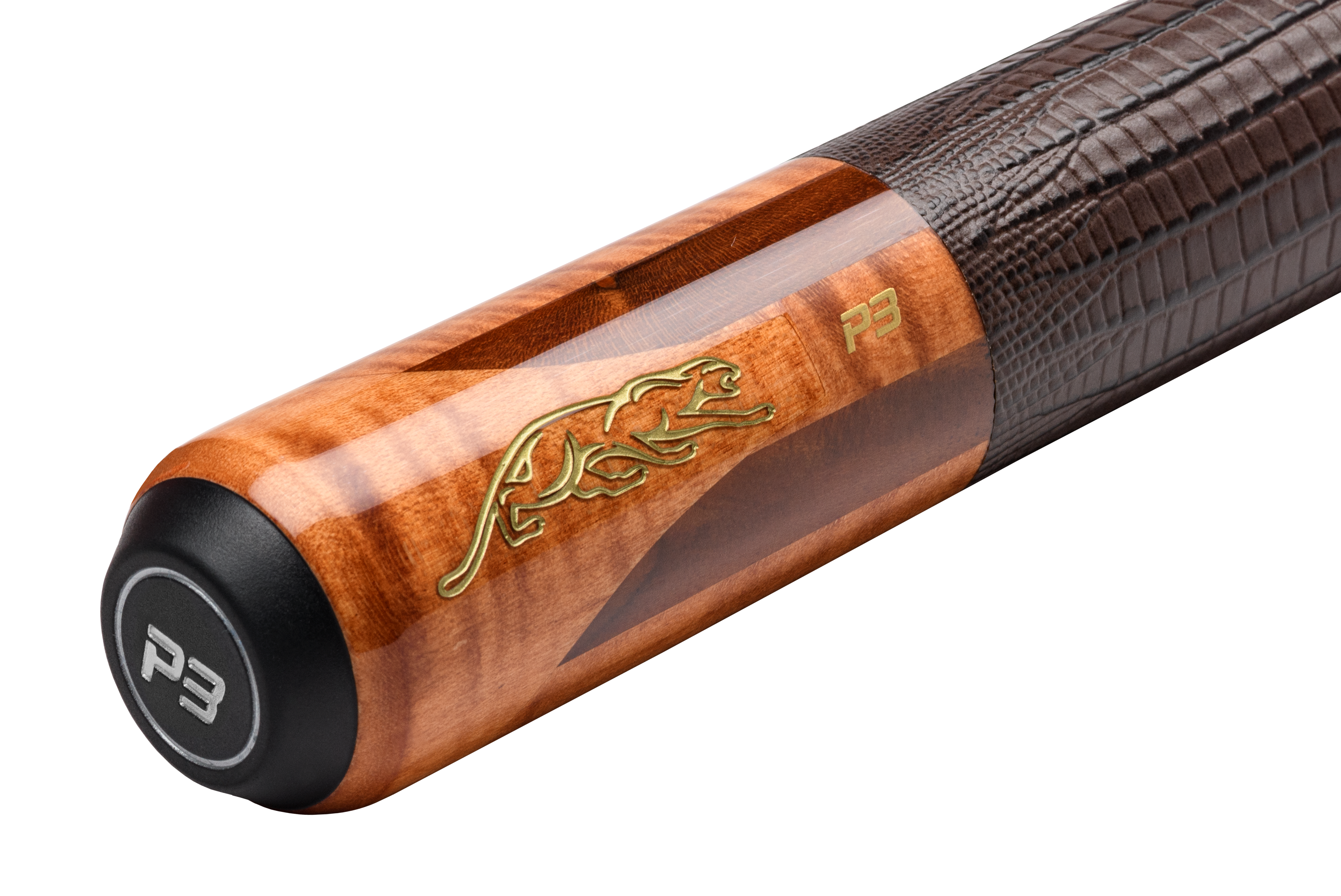 Predator P3 Aura Golden Stained Curly Maple & Bocote Pool Cue - Lizard Grain Leather Wrap